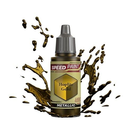An 18ml dropper bottle of The Army Painter Speedpaint Hoplite Gold, displaying a strong, antique metallic gold color with a built-in shading effect.