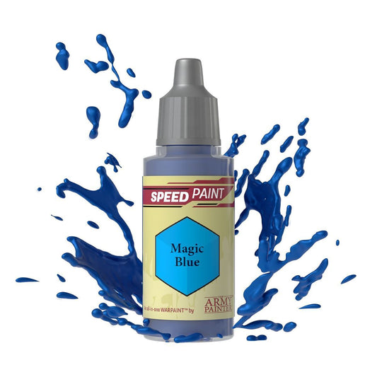 An 18ml dropper bottle of The Army Painter Speedpaint Magic Blue, showing a bright, vibrant medium blue color, ideal for magical effects, glowing runes, or heroic figures.