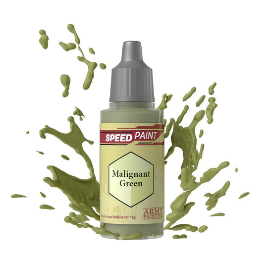 An 18ml dropper bottle of The Army Painter Speedpaint Malignant Green, showing a sickly, bright neon green color, ideal for toxic effects, supernatural glow, or alien elements.