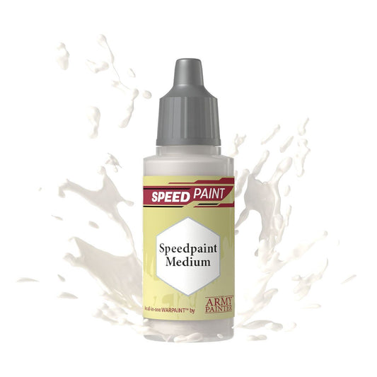 An 18ml dropper bottle of The Army Painter Speedpaint Medium, showing a clear liquid, indicating its use for thinning Speedpaints.