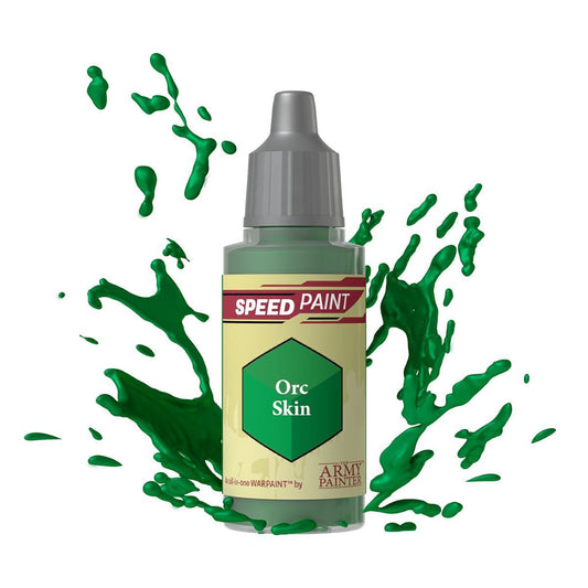 An 18ml dropper bottle of The Army Painter Speedpaint Orc Skin, showing a vibrant, deep olive-green color perfect for painting Orcs and other green-skinned fantasy creatures.