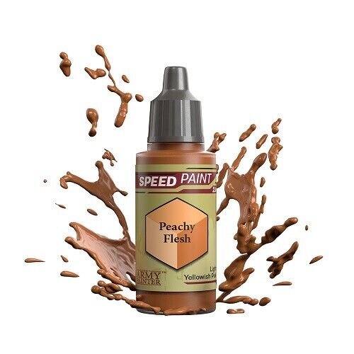 An 18ml dropper bottle of The Army Painter Speedpaint Peachy Flesh, displaying a warm, light skin tone with a subtle peach hue, perfect for realistic flesh.