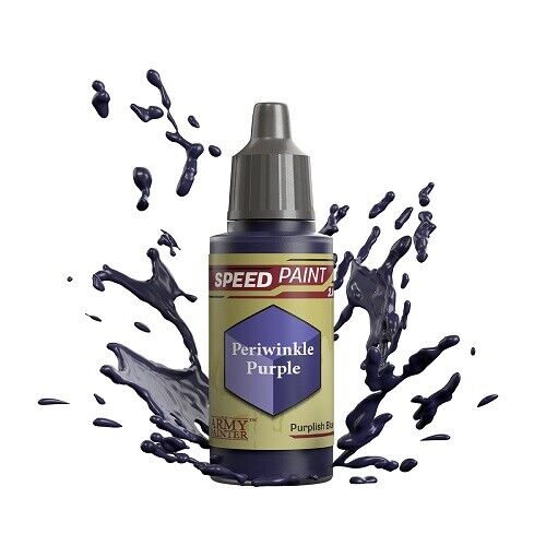 An 18ml dropper bottle of The Army Painter Speedpaint Periwinkle Purple, showing a soft, light purplish-blue hue, reminiscent of periwinkle flowers.