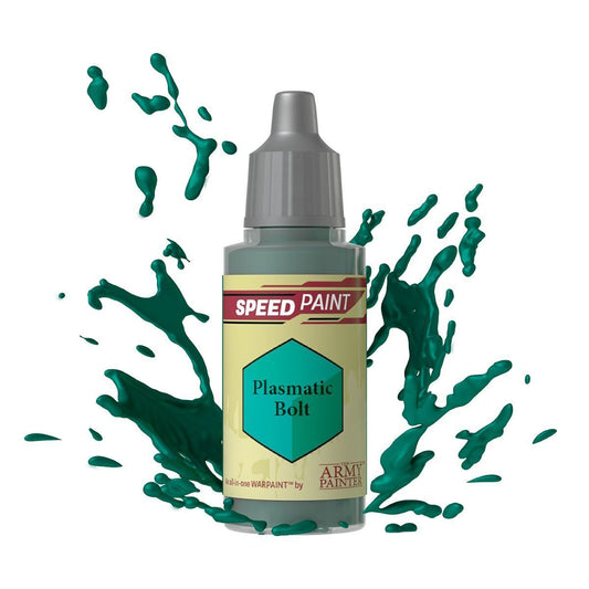 An 18ml dropper bottle of The Army Painter Speedpaint Plasmatic Bolt, showing a vibrant, electric blue with a subtle greenish tint, ideal for energy weapons or magical effects.