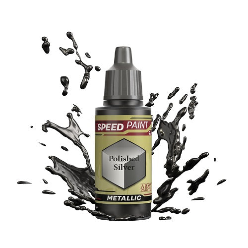An 18ml dropper bottle of The Army Painter Speedpaint Polished Silver, showing the bright, reflective metallic silver color.
