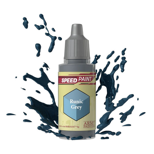 An 18ml dropper bottle of The Army Painter Speedpaint Runic Grey, showing a medium, cool grey color with a subtle blue or purple undertone, ideal for magical stone or ancient artifacts.