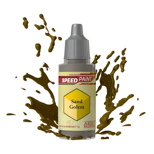 An 18ml dropper bottle of The Army Painter Speedpaint Sand Golem, showing a warm, earthy yellowish-brown color, ideal for sandy textures or desert creatures.