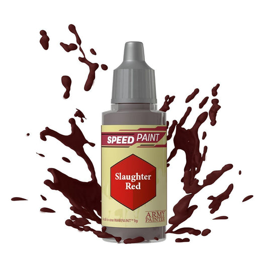 An 18ml dropper bottle of The Army Painter Speedpaint Slaughter Red, showing a deep, rich, and slightly muted red color, perfect for gore or grim aesthetics.