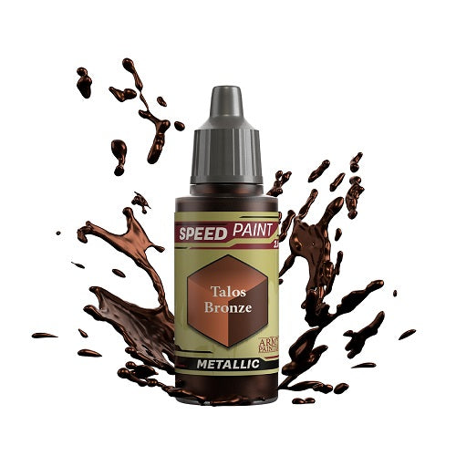 An 18ml dropper bottle of The Army Painter Speedpaint Talos Bronze, showing a rich, warm metallic bronze color with a strong shading effect.