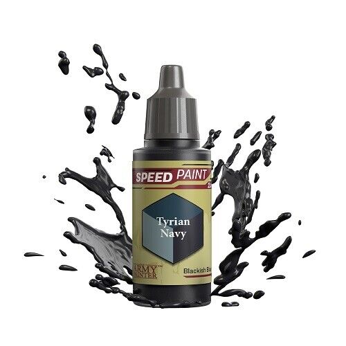 An 18ml dropper bottle of The Army Painter Speedpaint Tyrian Navy, showing a rich, deep blue color, reminiscent of a classic navy hue.