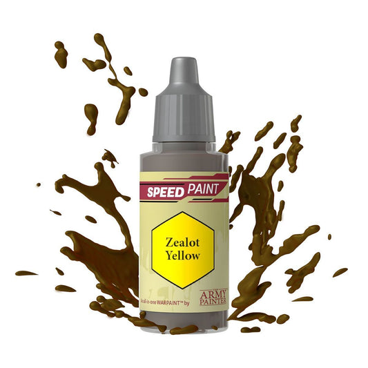 An 18ml dropper bottle of The Army Painter Speedpaint Zealot Yellow, showing a bright, vibrant yellow color with good coverage and shading.