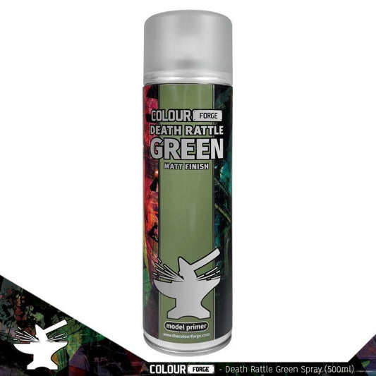 A 500ml spray can of The Colour Forge Death Rattle Green spray paint, a muted, sickly green primer perfect for Nurgle-themed miniatures and models, matched to Games Workshop's Death Guard Green.