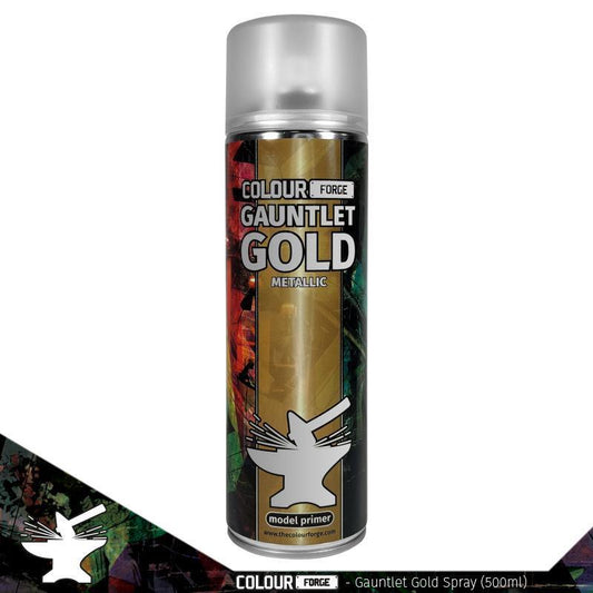A 500ml spray can of The Colour Forge Gauntlet Gold spray paint, a vibrant, rich metallic gold primer with an improved formula, perfect for miniatures and models.