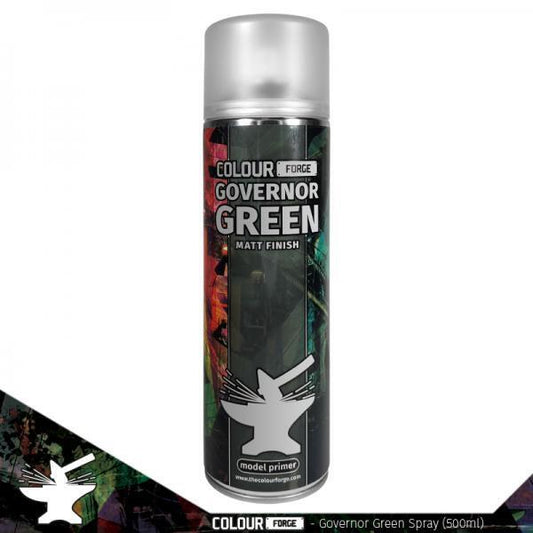 A 500ml spray can of The Colour Forge Governor Green spray paint, a rich, military-style dark green primer for miniatures and models, matched to Games Workshop's Castellan Green.