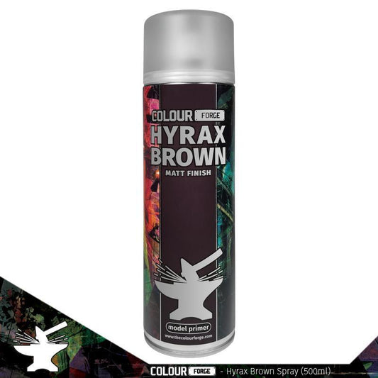 A 500ml spray can of The Colour Forge Hyrax Brown spray paint, a rich, earthy brown primer perfect for miniatures and models, matched to Games Workshop's Rhinox Hide.