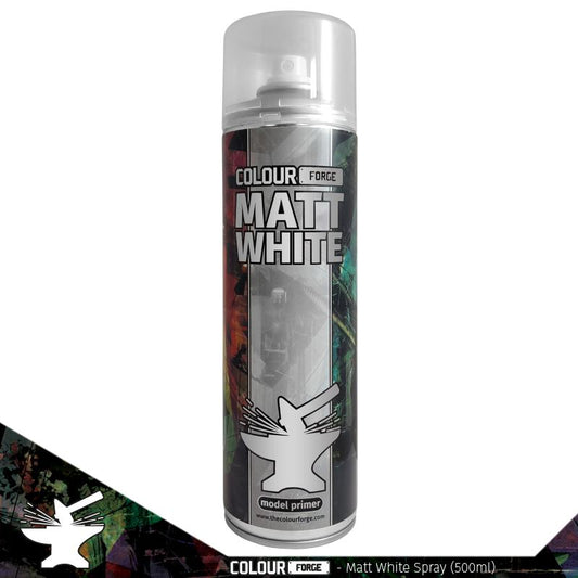 A 500ml spray can of The Colour Forge Matt White spray paint, a bright, non-reflective white primer for miniatures and models, offering excellent coverage for vibrant colours.