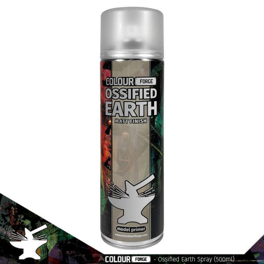 A 500ml spray can of The Colour Forge Ossified Earth spray paint, a light, bone-like off-white primer perfect for miniatures and models, matched to Games Workshop's Morghast Bone.