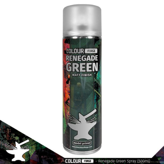A 500ml spray can of The Colour Forge Renegade Green spray paint, a rich, dark green primer for miniatures and models, perfectly matched to Games Workshop's Caliban Green.