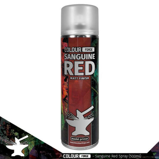 A 500ml spray can of The Colour Forge Sanguine Red spray paint, a rich, vibrant red primer for miniatures and models, perfectly matched to Games Workshop's Mephiston Red.