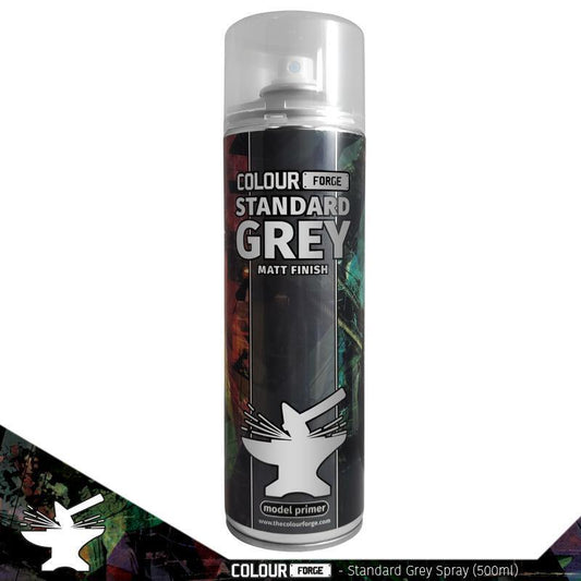 A 500ml spray can of The Colour Forge Standard Grey spray paint, a neutral medium grey primer for miniatures and models, matched to Games Workshop's Mechanicus Standard Grey.