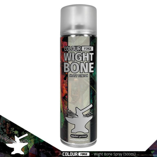A 500ml spray can of The Colour Forge Wight Bone spray paint, a light, creamy bone-coloured primer perfect for miniatures and models, matched to Games Workshop's Wraithbone.