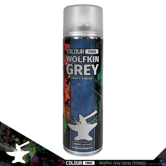 Image Alt Text: A 500ml spray can of The Colour Forge Wolfkin Grey spray paint, a cool, dark grey-blue primer for miniatures and models, perfectly matched to Games Workshop's The Fang.