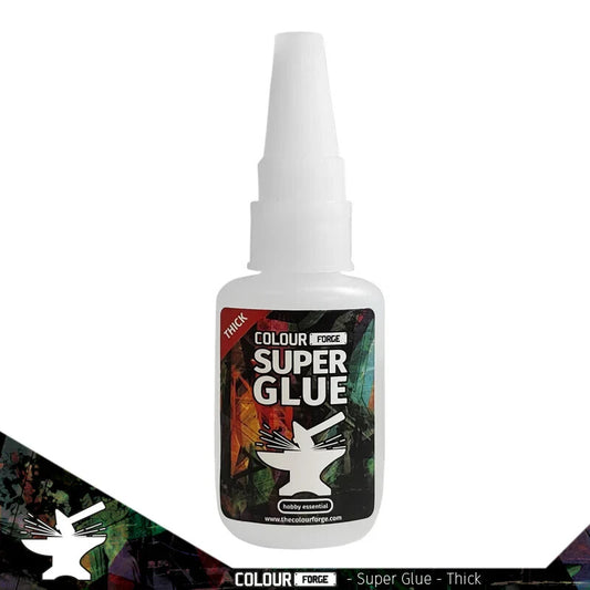 A 20g bottle of The Colour Forge Thick Superglue, showing the brand logo and clearly indicating it's a thick, strong cyanoacrylate adhesive.