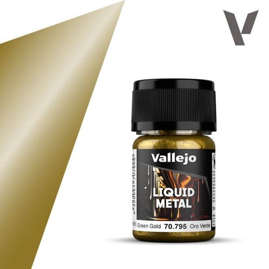 Vallejo Liquid Gold 70.795 Green Gold, a 35ml pot of brilliant alcohol-based metallic paint for miniatures, models, and fine art.