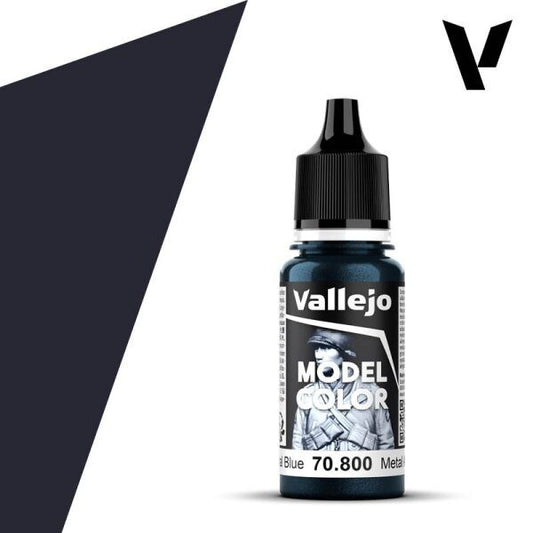 Vallejo Model Color 70.800 Gunmetal Blue, a 17ml dropper bottle of high-quality metallic acrylic paint for miniatures and scale models.