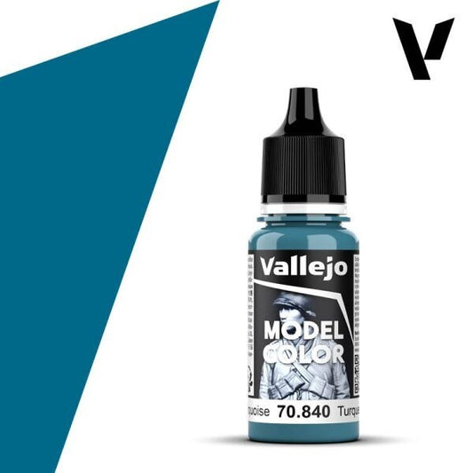 Vallejo Model Color 70.840 Light Turquoise, a 17ml dropper bottle of high-quality water-based acrylic paint for miniatures and scale models.