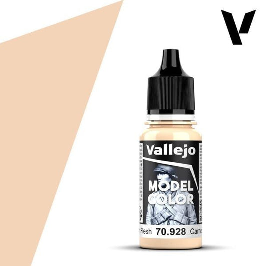 Vallejo Model Color 70.928 Light Flesh, a 17ml dropper bottle of high-quality water-based acrylic paint for painting skin tones on miniatures and figures.