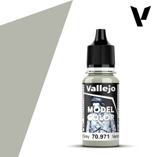 Vallejo Model Color 70.971 Light Green Grey, a 17ml dropper bottle of high-quality water-based acrylic paint for miniatures and scale models.
