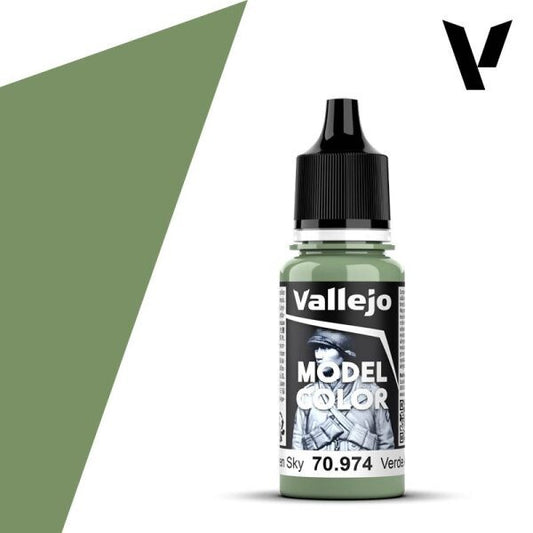 Vallejo Model Color 70.974 Green Sky, a 17ml dropper bottle of high-quality water-based acrylic paint for miniatures and scale models.