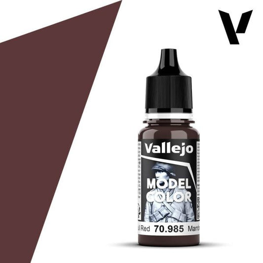 Vallejo Model Color 70.985 Hull Red, a 17ml dropper bottle of high-quality water-based acrylic paint for miniatures and scale models.