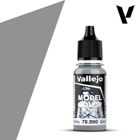 Vallejo Model Color 70.990 Light Grey, a 17ml dropper bottle of high-quality water-based acrylic paint for miniatures and scale models.