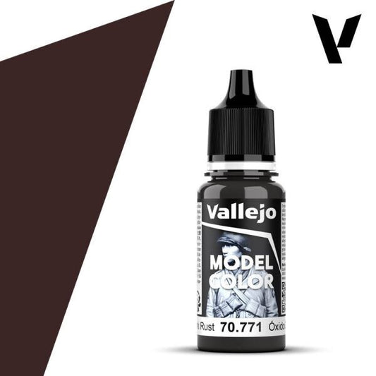 A 17ml dropper bottle of Vallejo Model Color paint, with a label indicating the color name "Dark Rust" and the code "70.771". The cap is black, and the bottle has the distinctive Vallejo design.