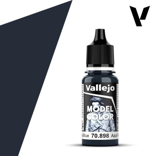 A 17ml dropper bottle of Vallejo Model Color paint, with a label indicating the color name "Dark Sea Blue" and the code "70.898". The cap is black, and the bottle has the distinctive Vallejo design.