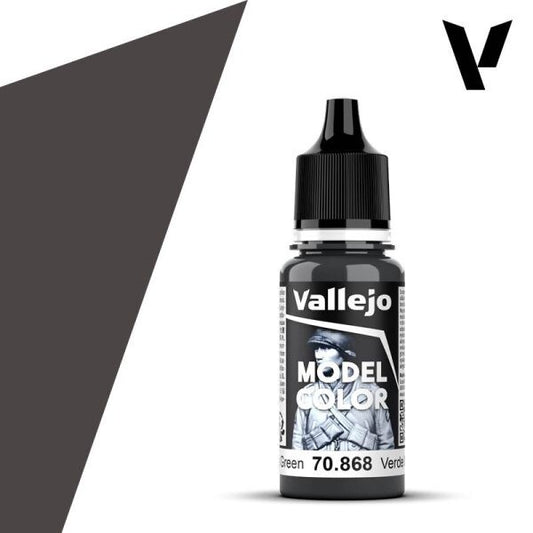 A 17ml dropper bottle of Vallejo Model Color paint, with a label indicating the color name "Dark Sea Green" and the code "70.868". The cap is black, and the bottle has the distinctive Vallejo design.