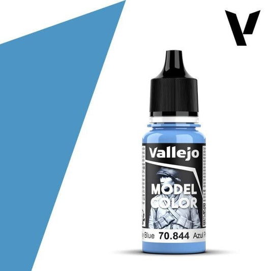A 17ml dropper bottle of Vallejo Model Color paint, with a label indicating the color name "Deep Sky Blue" and the code "70.844". The cap is black, and the bottle has the distinctive Vallejo design.