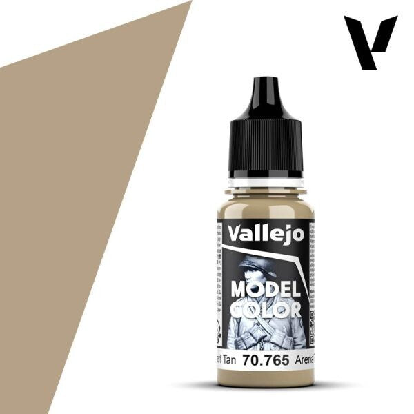 A 17ml dropper bottle of Vallejo Model Color paint, with a label indicating the color name "Desert Tan" and the code "70.765". The cap is black, and the bottle has the distinctive Vallejo design.