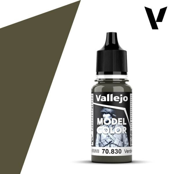 A 17ml dropper bottle of Vallejo Model Color paint, with a label indicating the color name "German Fieldgrey WWII" and the code "70.830". The cap is black, and the bottle has the distinctive Vallejo design.