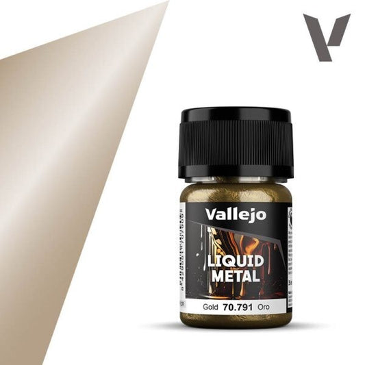 A 35ml dropper bottle of Vallejo's Metal Color paint, with a label indicating the color name "Gold" and the code "70.791". The bottle is larger than the standard 17ml bottles and the text "Alcohol Based" is prominent. The cap is a different color than the regular black, typically a metallic tone.