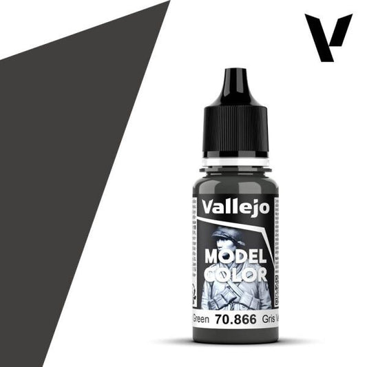 A 17ml dropper bottle of Vallejo Model Color paint, with a label indicating the color name "Grey Green" and the code "70.866". The cap is black, and the bottle has the distinctive Vallejo design.