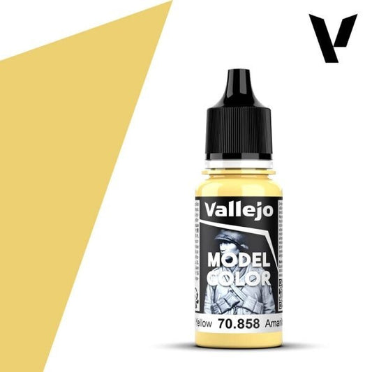 A 17ml dropper bottle of Vallejo Model Color paint, with a label indicating the color name "Ice Yellow" and the code "70.858". The cap is black, and the bottle has the distinctive Vallejo design.