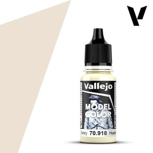 A 17ml dropper bottle of Vallejo Model Color paint, with a label indicating the color name "Ivory" and the code "70.918". The cap is black, and the bottle has the distinctive Vallejo design.