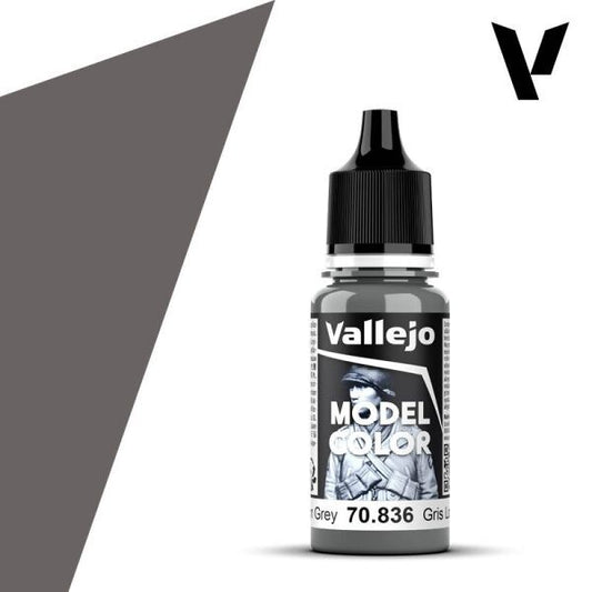 A 17ml dropper bottle of Vallejo Model Color paint, with a label indicating the color name "London Grey" and the code "70.836". The cap is black, and the bottle has the distinctive Vallejo design.