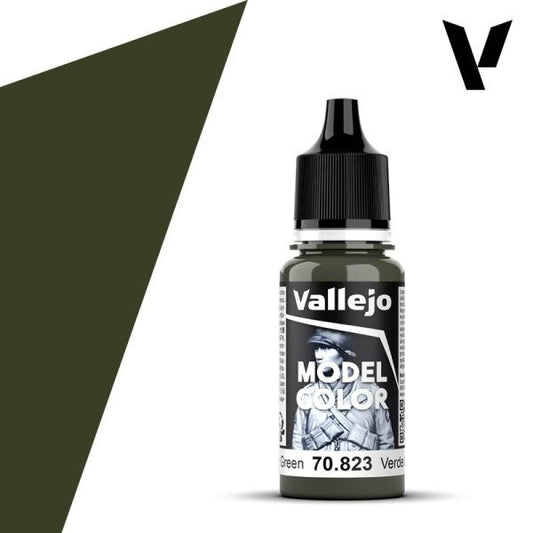 A 17ml dropper bottle of Vallejo Model Color paint, with a label indicating the color name "Luftwaffe Green" and the code "70.823". The cap is black, and the bottle has the distinctive Vallejo design.