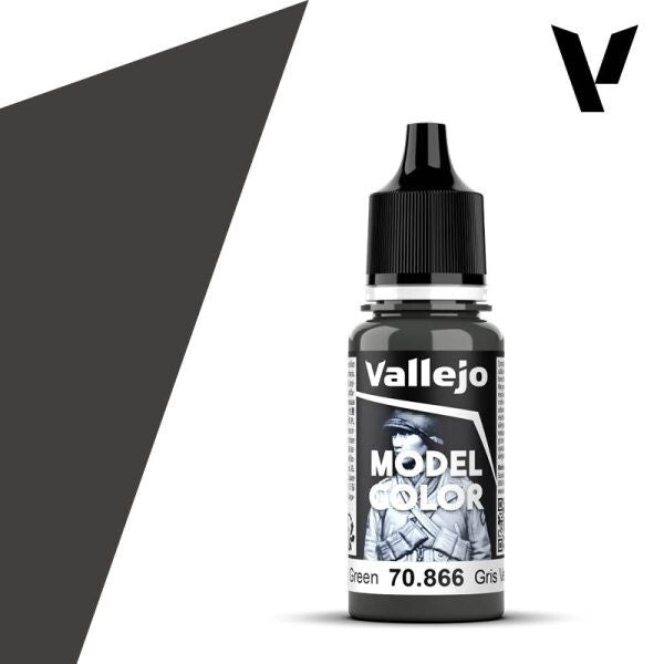 A 17ml dropper bottle of Vallejo Model Color paint in 'Grey Green' (70.866), showcasing its matte, muted green-grey hue, ideal for military models or subtle shading.
