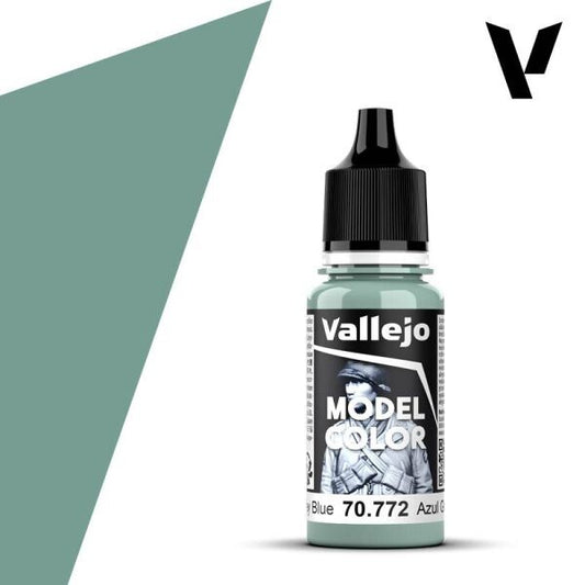 A 17ml dropper bottle of Vallejo Model Color paint in 'Medium Grey Blue' (70.772), showcasing its versatile, muted blue-grey hue, suitable for uniforms, aircraft, or subtle sci-fi elements.