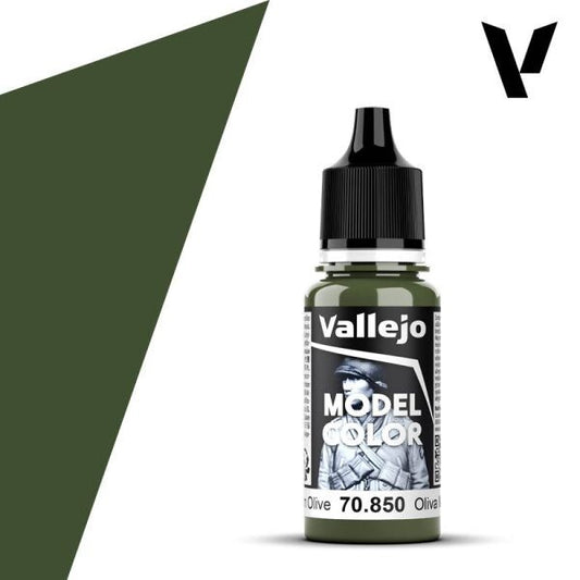 A 17ml or 18ml dropper bottle of Vallejo Model Color paint in 'Medium Olive' (70.850), showcasing a balanced, mid-tone olive green hue, versatile for military camouflage, natural foliage, or fantasy elements.